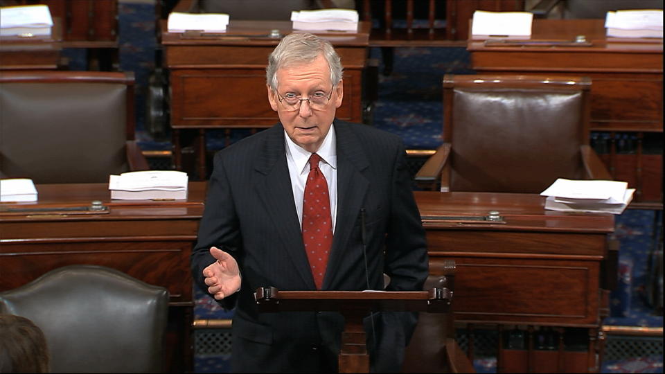 In this image from video, Senate Majority Leader Mitch McConnell of Ky., speaks on the flood of the U.S. Senate on Capitol Hill in Washington, Monday, Sept. 17, 2018. McConnell says Republicans will review the sexual assault allegation against Supreme Court nominee Brett Kavanaugh “by the book” with bipartisan interviews on the Judiciary Committee. (Senate Television via AP)