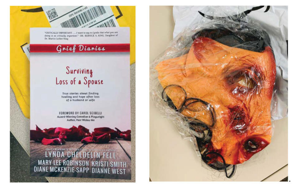 A book and a bloodied pig mask that former eBay employees allegedly mailed to a Natick, Massachusetts couple who wrote critical articles about the company.  / Credit: U.S. Attorney for the District of Massachusetts