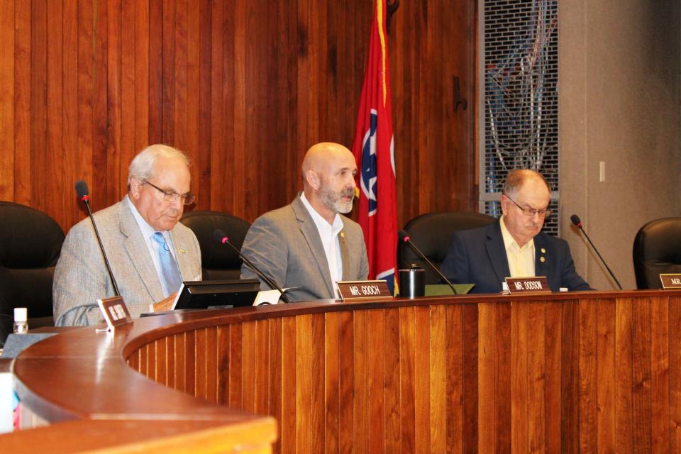 Oak Ridge Mayor Warren Gooch, from left, Mayor Pro Tem Jim Dodson and City Council member Charlie Hensley at the Sept. 11 meeting of City Council.
