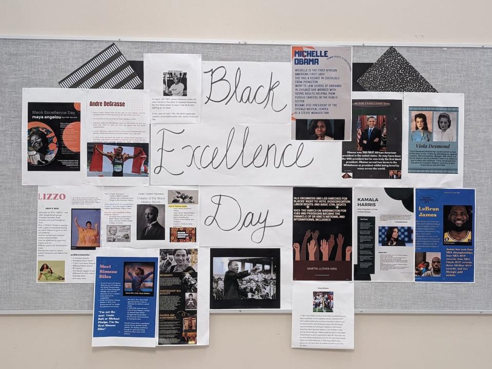 A bulletin board at a British Columbia school decorated to mark Black Excellence Day shares information about influential Black figures from the past as well as today.