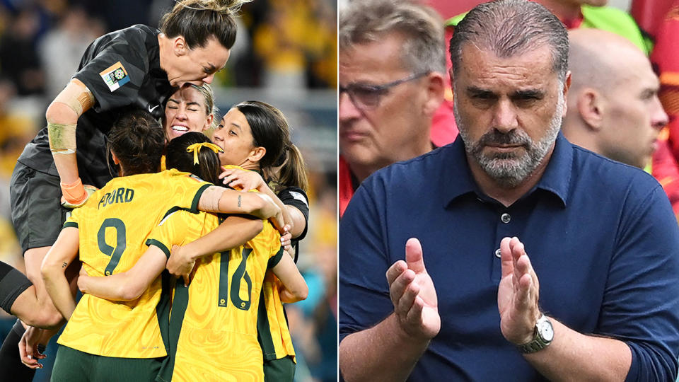 Ange Postecoglou applauds and the Matildas celebrate the victory.