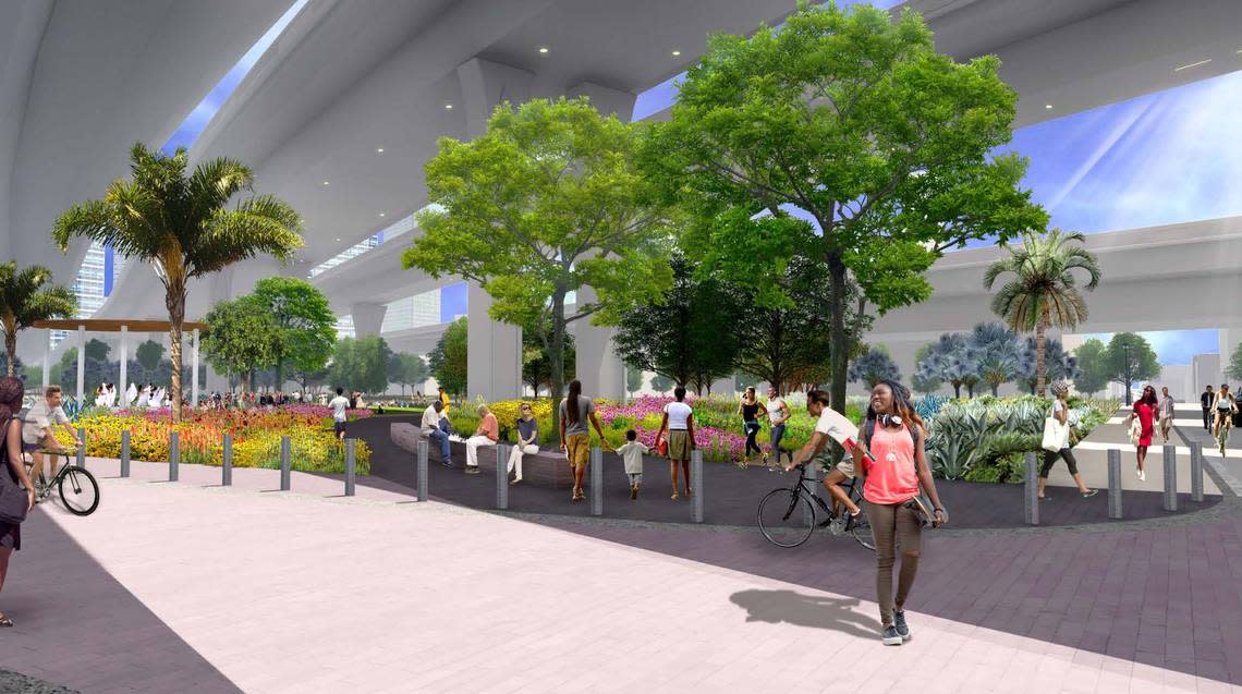 A rendering of a walking trail at The Underdeck below I-395