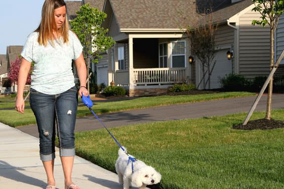 Stephanie Rolfe walks her dog Harry near her home in Grove City, Ohio. Rolfe bought a dog that has shorter hair and sheds less than other breeds, thinking it might ease her allergies. However, doctors at The Ohio State University Wexner Medical