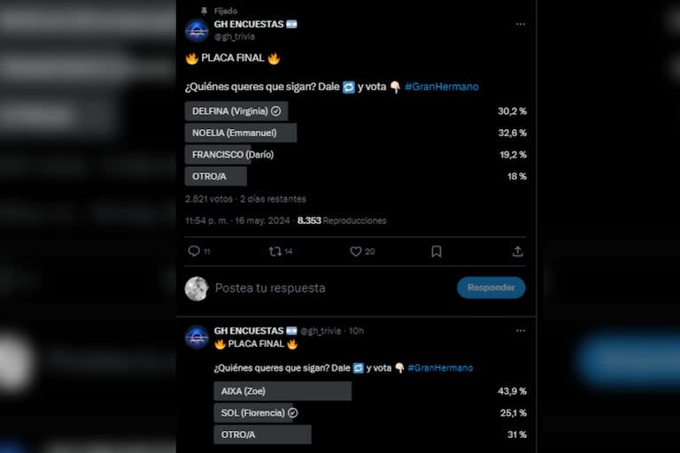 En X, los usuarios se inclinaron a votar en su mayoría a Delfina y su madre, Virginia (Captura X @gh_trivia)