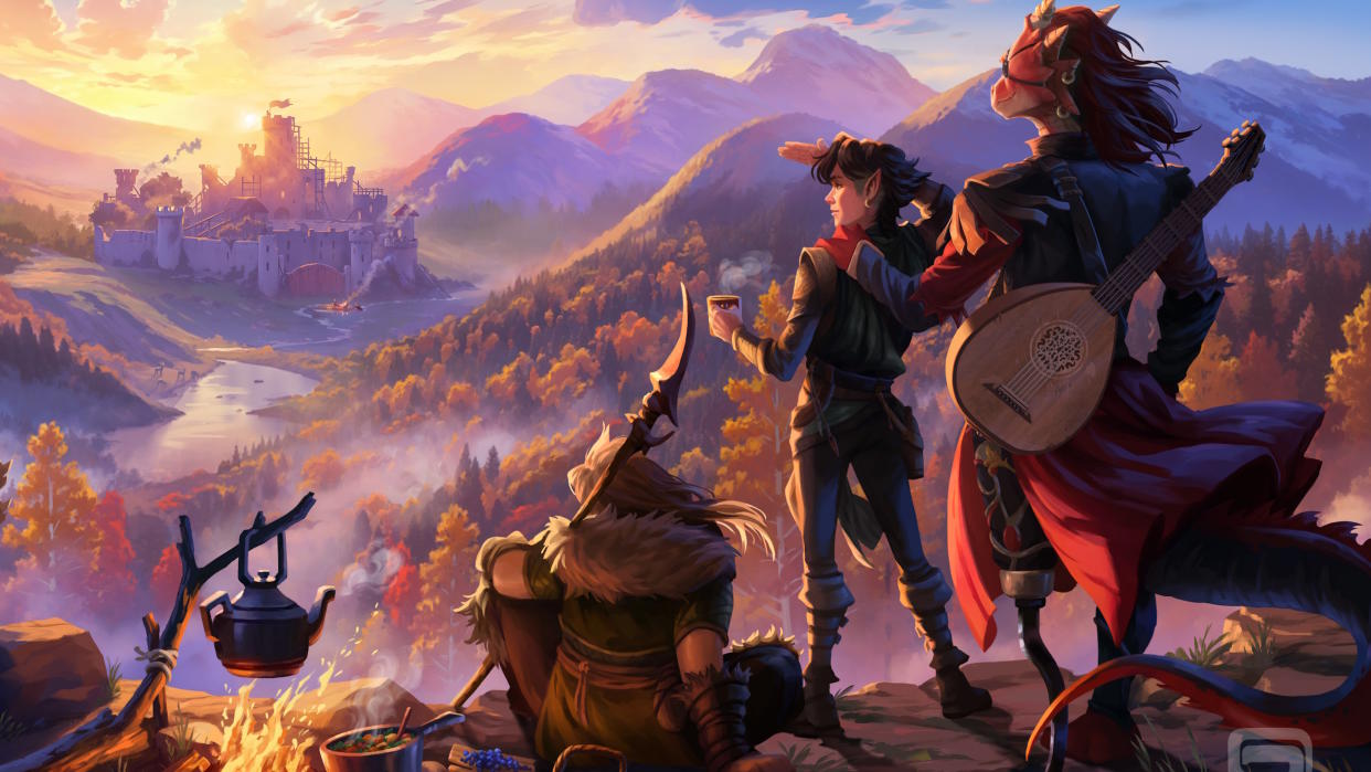  Concept art for Gameloft's D&D survival-life sim - three fantasy characters gazing at a distant castle. 