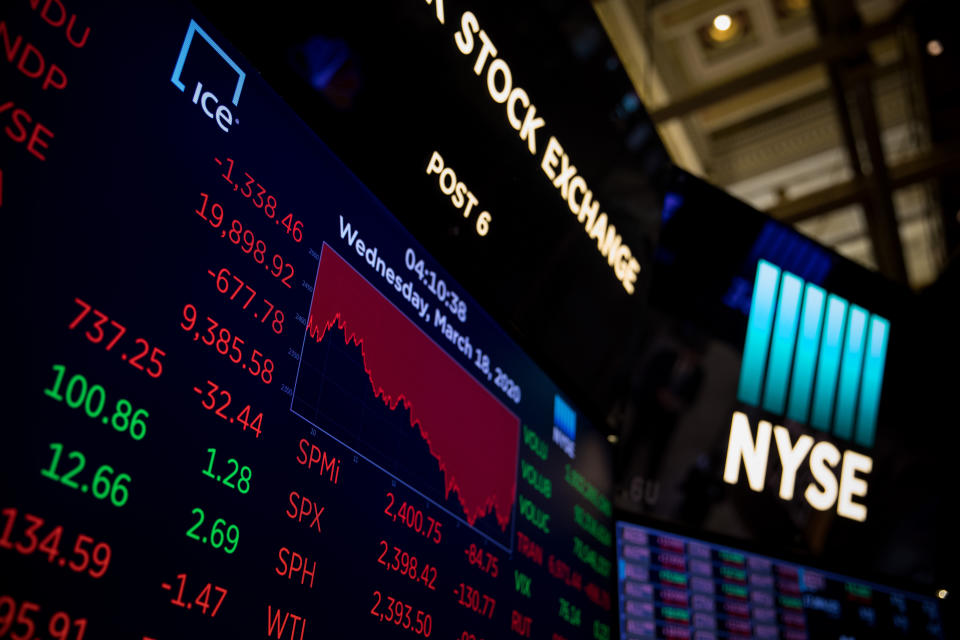 NEW YORK, March 18, 2020 -- Electronic screens show trading information on the floor of the New York Stock Exchange in New York, the United States, March 18, 2020. U.S. equities ended Wednesday's volatile session sharply lower as panic selling continued on Wall Street amid coronavirus fears.
   The Dow Jones Industrial Average decreased 1,338.46 points, or 6.30 percent, to 19,898.92, marking its first close below 20,000 since February 2017. The 30-stock index cratered more than 2,300 points at session lows. (Photo by Michael Nagle/Xinhua via Getty) (Xinhua/ via Getty Images)