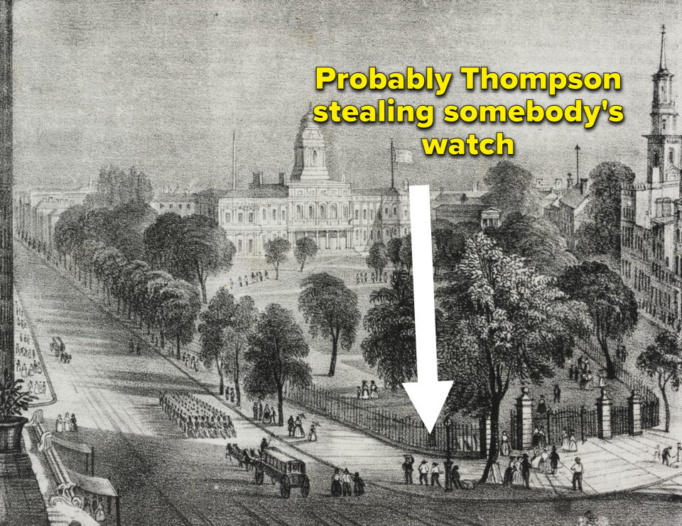 A painting of 1840s New York with an arrow pointing reading probably Thompson stealing somebody's watch