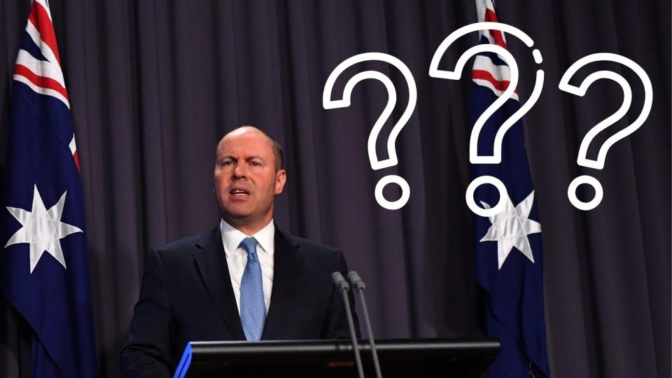 Josh Frydenberg with question marks and Australian flags.