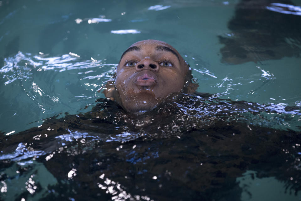 A male U.S. Marine Corps recruit learns to float during swim training at the Marine Corps Recruit Depot pool, Wednesday, June 28, 2023, in Parris Island, S.C. (AP Photo/Stephen B. Morton)