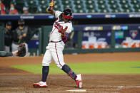 Atlanta Braves' Ronald Acuna Jr. (13) is hit by a pitch by Miami Marlins starting pitcher Sandy Alcantara during the third inning in Game 1 of a baseball National League Division Series Tuesday, Oct. 6, 2020, in Houston. (AP Photo/Eric Gay)