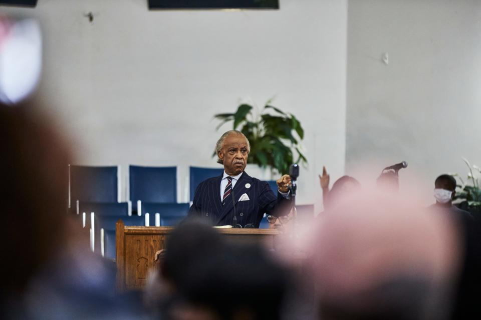 Civil Rights leader Rev. Al Sharpton speaks at a service held with the families and the community of Andre McNeil, Geraldine Talley and Ruth Whitfield at Antioch Baptist Church on May 19, 2022, in Buffalo, New York. McNeil, Talley and Whitfield were killed when a gunman opened fire at a Tops grocery store on Saturday, May 14th in Buffalo.