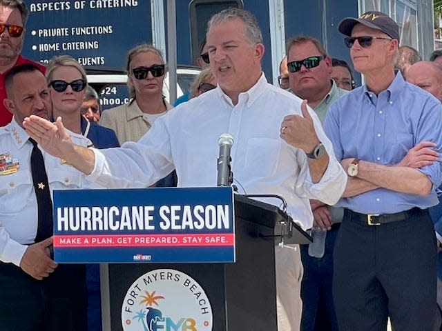 Jimmy Patronis, state fire marshal and chief financial officer, speaks during a Thursday, May 30, 2024, hurricane preparedness press conference outside The RUDE Shrimp, 450 Harbor Ct., on Fort Myers Beach.