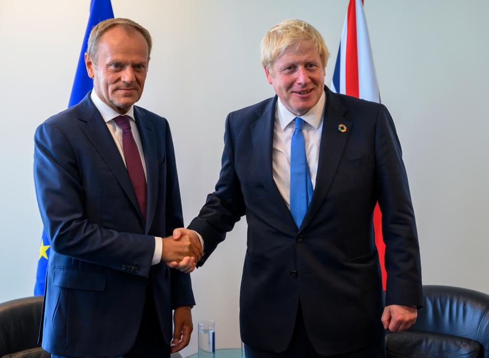 Donald Tusk (L), President of the European Council, and Boris Johnson, Prime Minister of the United Kingdom, meet at the United Nations September 23, 2019, in New York. (Photo by Don Emmert / AFP)        (Photo credit should read DON EMMERT/AFP/Getty Images)