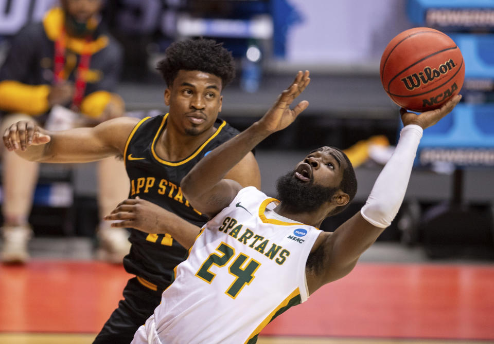 Norfolk State guard Jalen Hawkins (24) shoots during the second half of a First Four game against Appalachian State in the NCAA men's college basketball tournament, Thursday, March 18, 2021, in Bloomington, Ind. (AP Photo/Doug McSchooler)