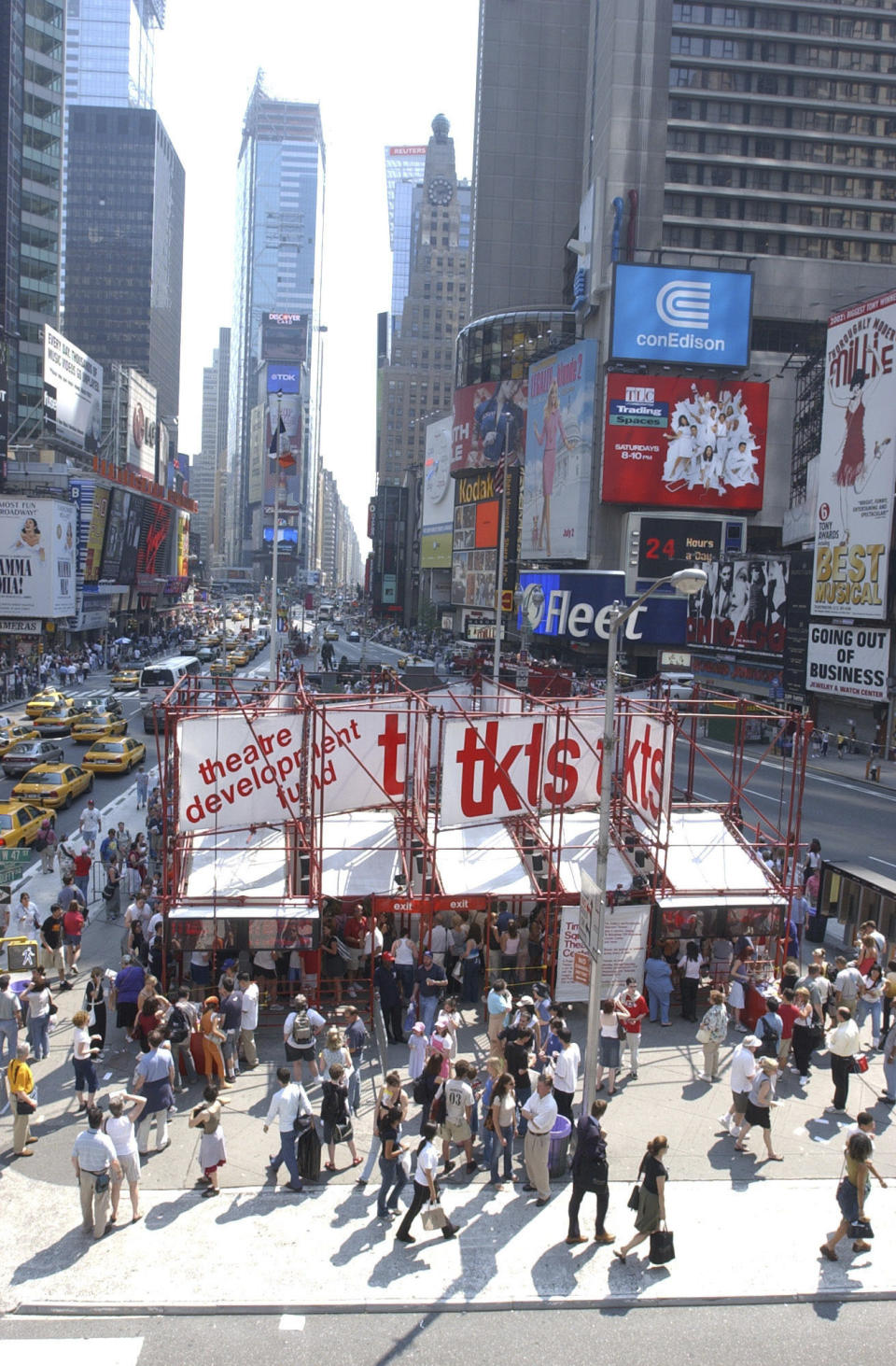 FILE - The TKTS booth appears in New York's Times Square on June 24, 2003. The TKTS booth in Times Square, which has become part of the city's visual and financial DNA and a key part in keeping Broadway going, celebrates its 50th birthday this week. (AP Photo/Mary Altaffer, File)
