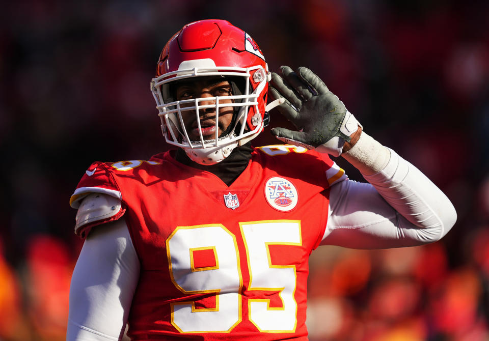 Dec 24, 2022; Kansas City, Missouri, USA; Kansas City Chiefs defensive tackle <a class="link " href="https://sports.yahoo.com/nfl/players/29271" data-i13n="sec:content-canvas;subsec:anchor_text;elm:context_link" data-ylk="slk:Chris Jones;sec:content-canvas;subsec:anchor_text;elm:context_link;itc:0">Chris Jones</a> (95) celebrates after a sack during the first half against the <a class="link " href="https://sports.yahoo.com/nfl/teams/seattle/" data-i13n="sec:content-canvas;subsec:anchor_text;elm:context_link" data-ylk="slk:Seattle Seahawks;sec:content-canvas;subsec:anchor_text;elm:context_link;itc:0">Seattle Seahawks</a> at GEHA Field at Arrowhead Stadium. Mandatory Credit: Jay Biggerstaff-USA TODAY Sports