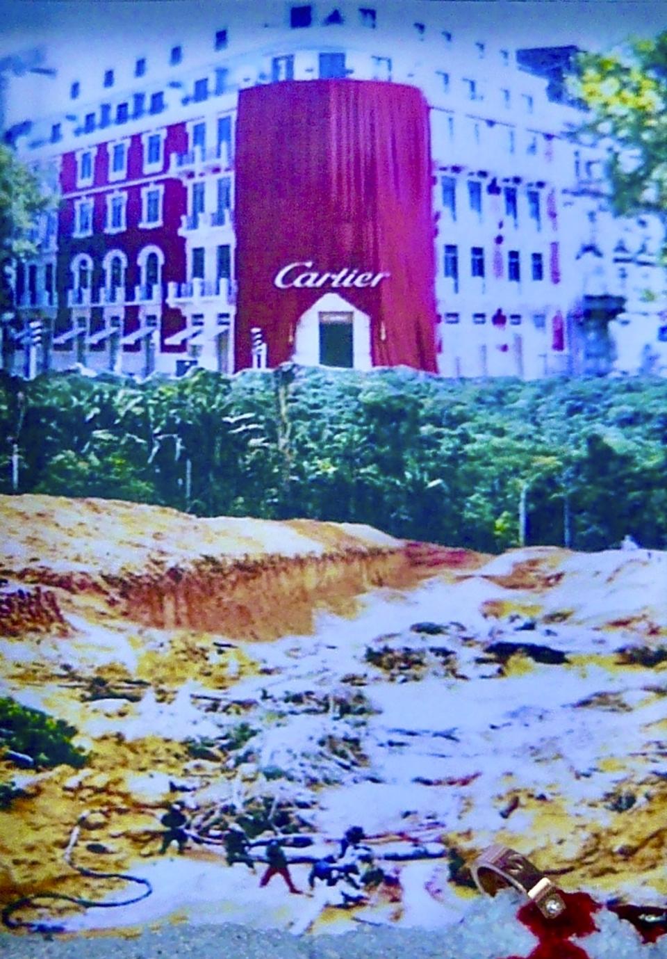 This image provided by Barbara Navarro shows her artwork depicting a Cartier shop, a photo of gold mining destruction and a Cartier ring. Some advocates for the Yanomami are accusing the French jewelry company of associating its image with a tribe whose leadership has asked people to stop buying gold jewelry. (Barbara Navarro via AP)