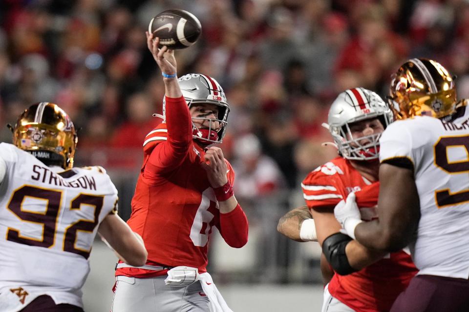 Nov 18, 2023; Columbus, Ohio, USA; Ohio State Buckeyes quarterback Kyle McCord (6) throws during the second half of the NCAA football game against the Minnesota Golden Gophers at Ohio Stadium. Ohio State won 37-3.