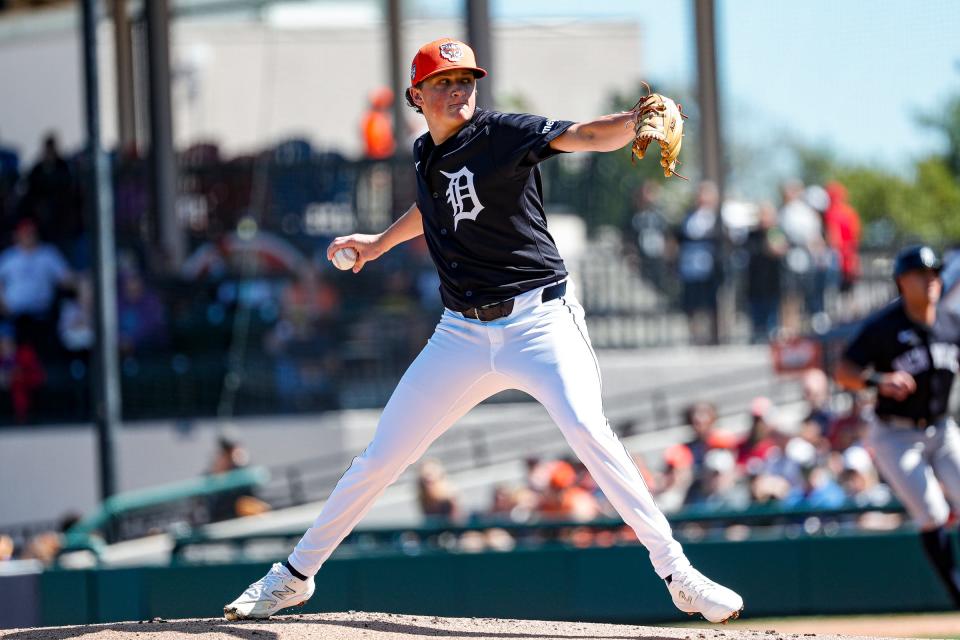 Tigers pitcher Reese Olson delivers a pitch against the Yankees during the first inning of the Grapefruit League season opener at Joker Marchant Stadium in Lakeland, Florida, on Saturday, Feb. 24, 2024.