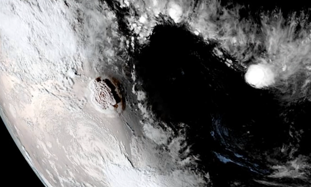 GOES-18 image of Hunga Tonga Volcano. <a href="https://www.space.com/tonga-underwater-volcano-stunning-eruption-from-space-video" rel="nofollow noopener" target="_blank" data-ylk="slk:NOAA;elm:context_link;itc:0;sec:content-canvas" class="link ">NOAA</a>