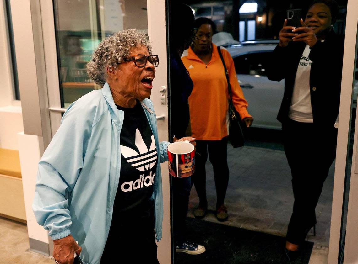 Civil rights activist Opal Lee reacts as family and friends applaud her arrival for a Nobel Peace Prize announcement watch party on Friday, Oct. 7, 2022, at Paris Coffee Shop in Fort Worth. Lee was nominated for the Nobel Peace Prize for her work in pushing for Juneteenth to be a national holiday.