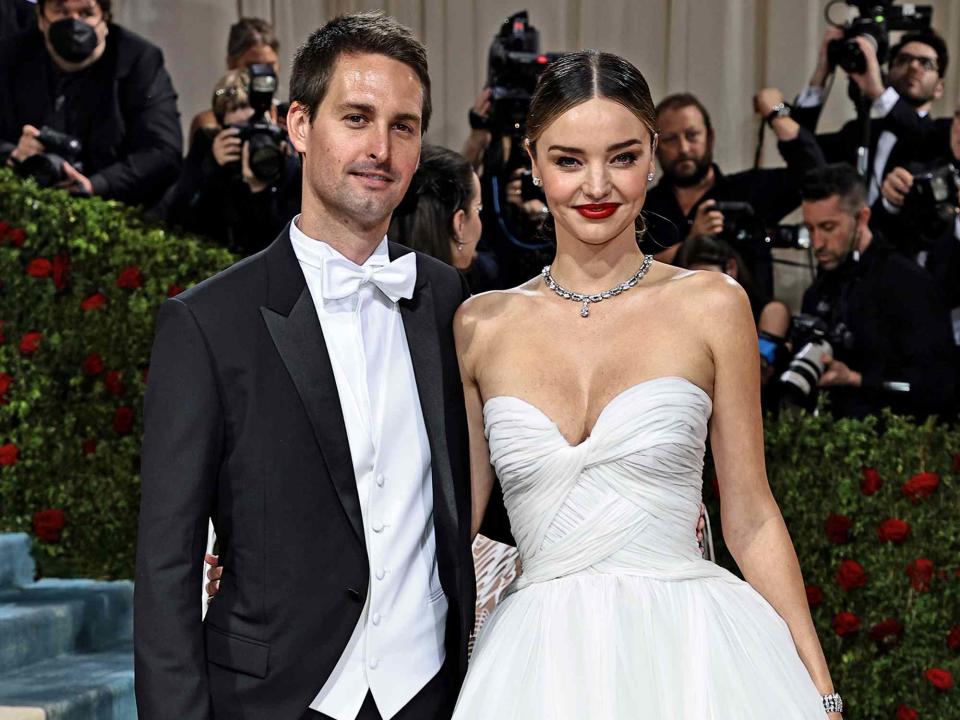 <p>Dimitrios Kambouris/Getty</p> Evan Spiegel and Miranda Kerr at 2022 Met Gala