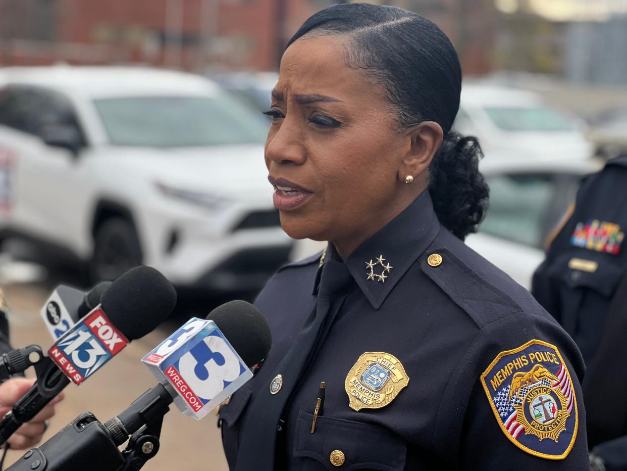 Interim Memphis Police Department Chief C.J. Davis addresses the media outside Regional One after an MPD officer was shot and wounded early on Friday, March 8, 2024.