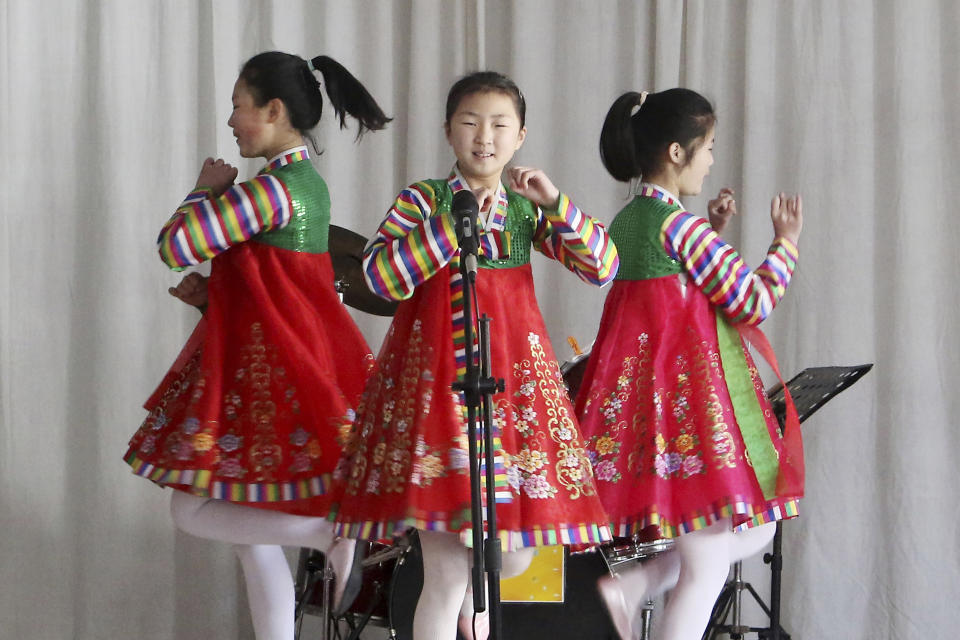 Schoogirls of Jon U Junior Middle School rehearse for a performance in Moranbong District in Pyongyang, North Korea, on Thursday, March 21, 2024. (AP Photo/Jon Chol Jin)