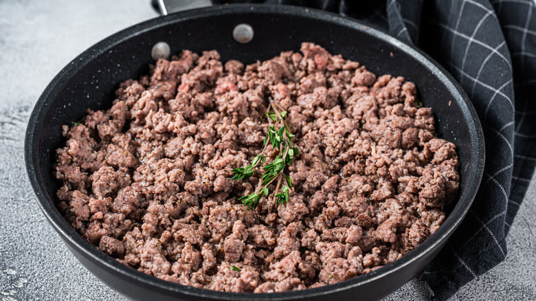 A skillet of ground beef