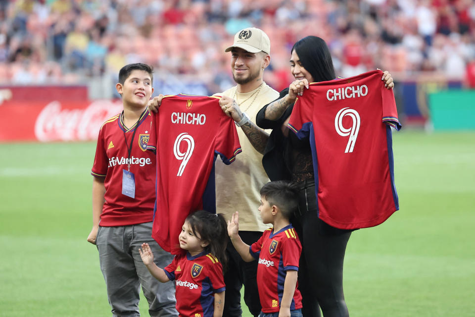 Jun 10, 2023;  Sandy, Utah, USA;  New player to Real Salt Lake forward Chicho Arango introduced with his family at halftime during a game against New York City FC at America First Field.  Mandatory Credit: Rob Gray-USA TODAY Sports
