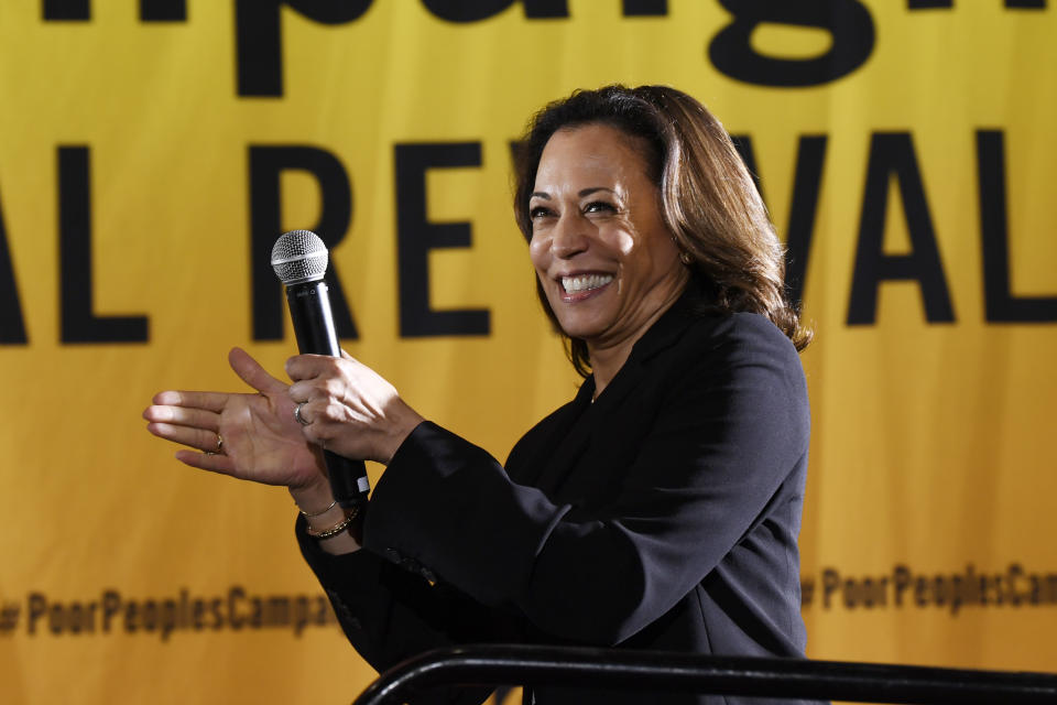 FILE - In this June 17, 2019, file photo, Democratic presidential candidate Sen. Kamala Harris, D-Calif., speaks at the Poor People's Moral Action Congress presidential forum in Washington. Harris is trying to find her missing ingredient: a clear rationale for her 2020 presidential campaign. (AP Photo/Susan Walsh, File)