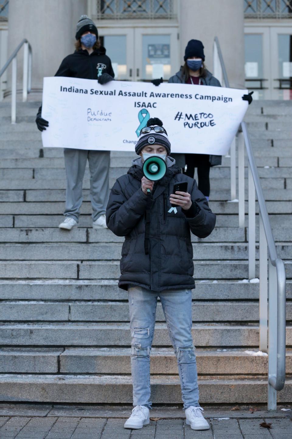 Noah Thomas, a co-leader with Indiana Sexual Assault Awareness Campaign, speaks during a solidarity march organized by MeTooPurdue over sexual assaults on Purdue's campus, Friday, Jan. 21, 2022 in West Lafayette.