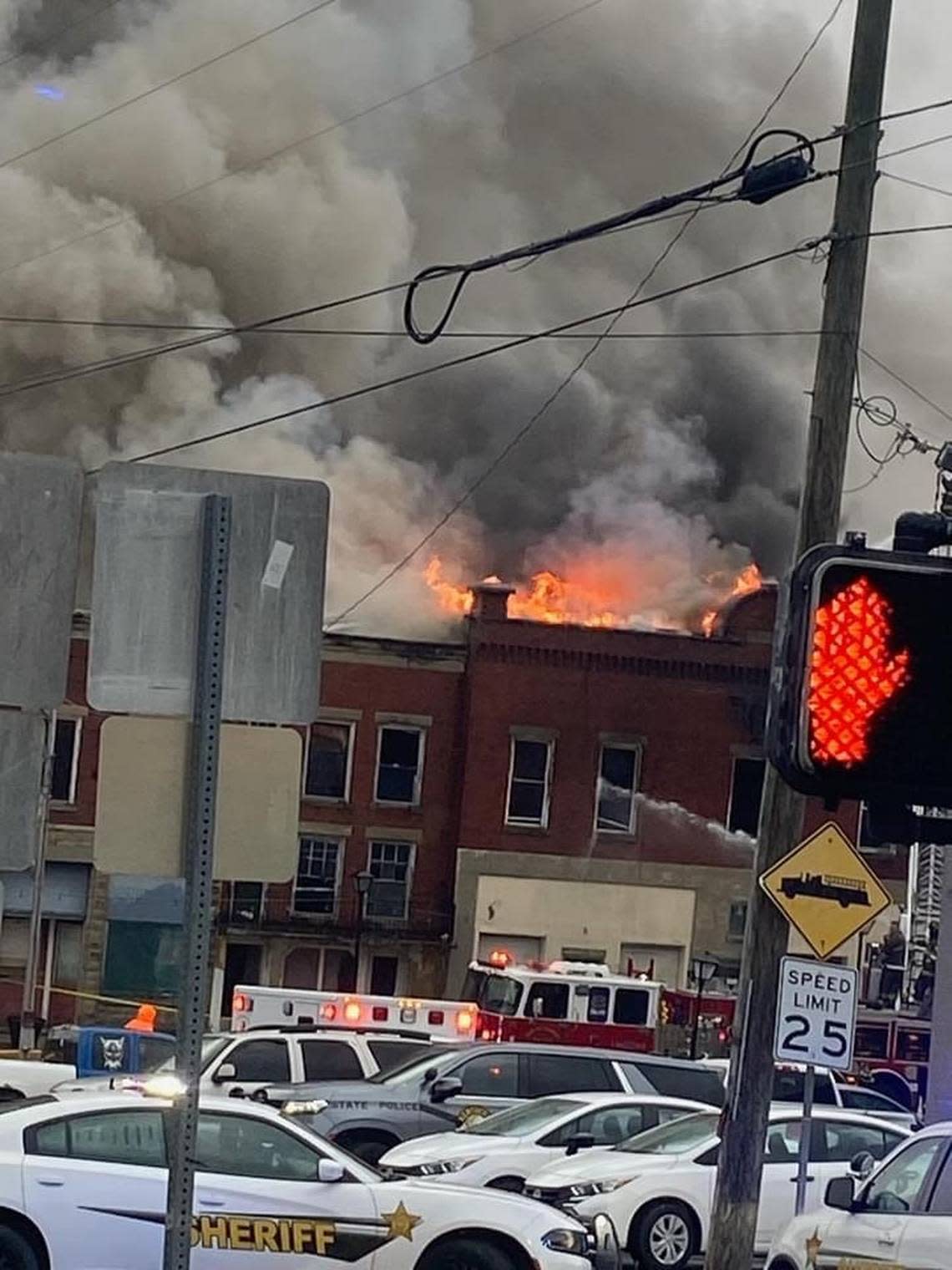 A fire in downtown Mount Vernon April 2, 2024, may have been caused by severe weather, officials said Tuesday. The National Weather Service is investigating. Mount Vernon Fire Department