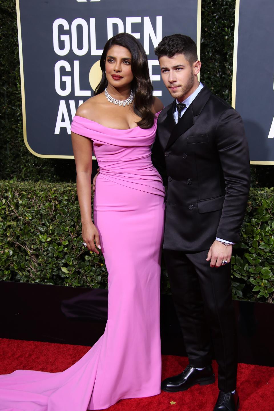 Priyanka Chopra and Nick Jonas arrive on the red carpet during the 77th Annual Golden Globe Awards.