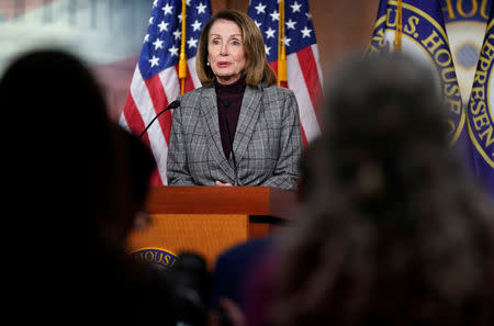 FILE PHOTO: Speaker of the House Nancy Pelosi (D-CA) speaks to the media on Capitol Hill in Washington, U.S., February 28, 2019. REUTERS/Joshua Roberts