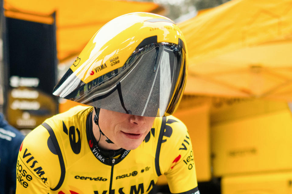 prototype Giro Aerohead 2.0 aero TT helmet, aerodynamic time-trial protection for Team Visma at Tirreno Adriatico 2024, Dark Helmet from Spaceballs The Movie