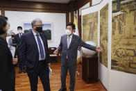 Microsoft Corp co-founder Bill Gates is greeted by South Korea's National Assembly Speaker Kim Jin-pyo before their meeting at the National Assembly in Seoul, South Korea, Tuesday, Aug. 16, 2022. (Kim Hong-ji/Pool Photo via AP)