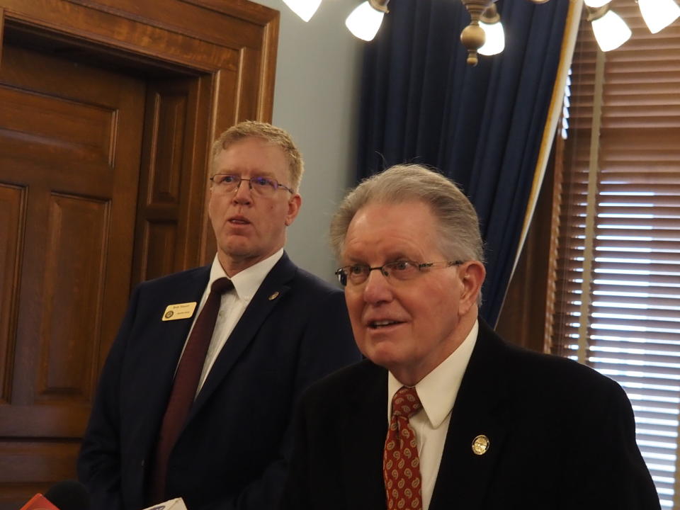 Sen. Mike Thompson, right, helped announce a new attempt to ban foreign ownership of Kansas farmland during a Feb. 6, 2024 news conference.