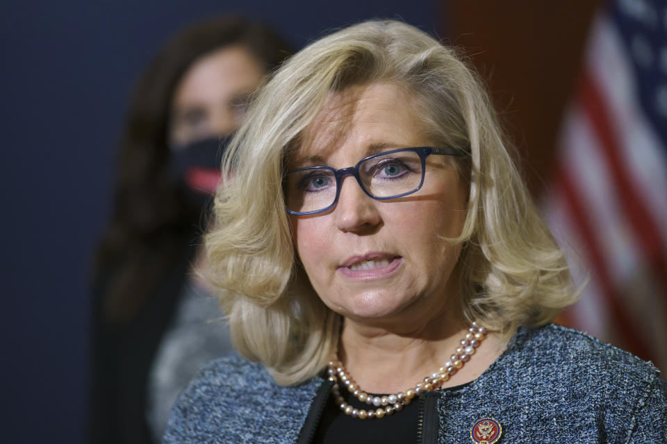 Rep. Liz Cheney, R-Wyo., the House Republican Conference chair, speaks with reporters following a GOP strategy session on Capitol Hill in Washington, Tuesday, April 20, 2021. (AP Photo/J. Scott Applewhite)