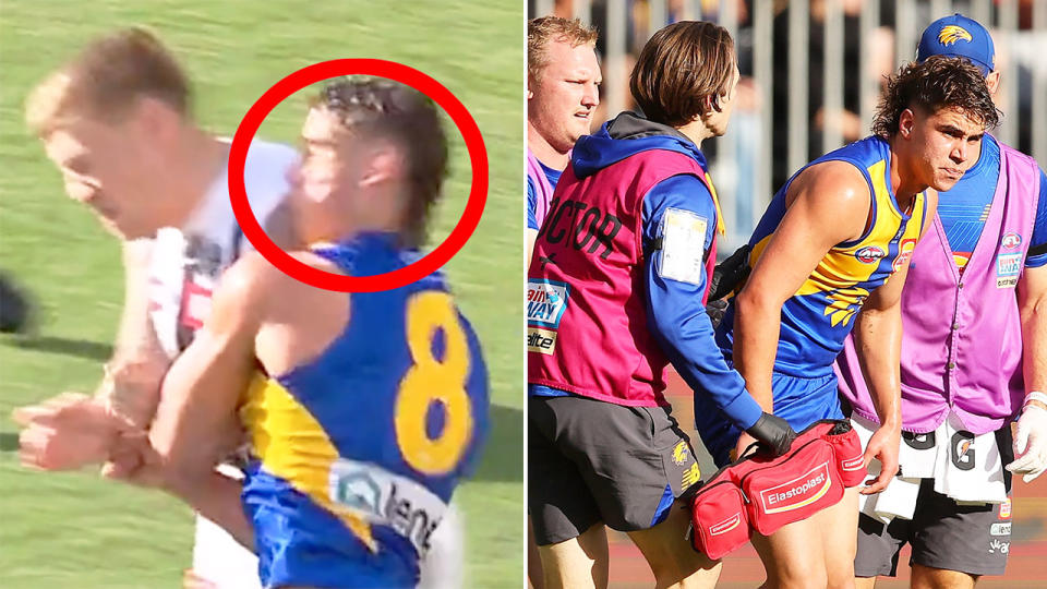 Pictured left, Jordan De Goey putting a bump on West Coast AFL star Elijah Hewett.