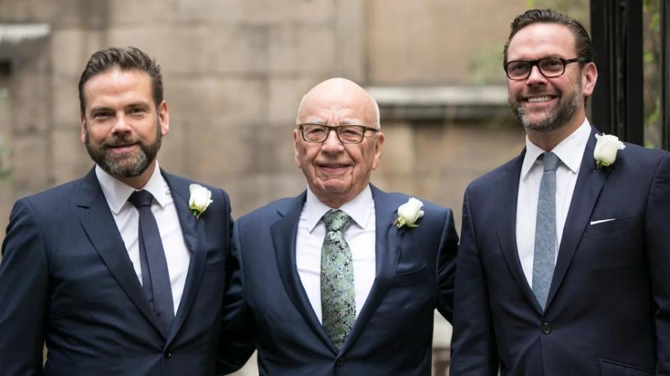 Rupert Murdoch with his sons James (right) and Lachlan (left) in 2016 in London. (John Phillips/Getty Images)