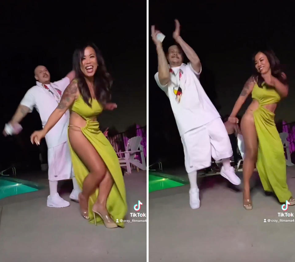 Two photos of TikTok stars Rose Cordeiro and Doggface dancing