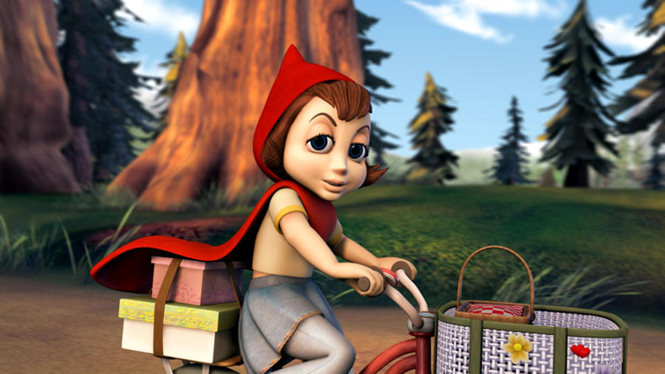 Red Riding Hood character riding a bike, carrying a basket and books, in a forest setting