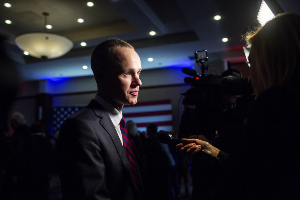 Jim Schultz speaks to members of the press on election night in Minneapolis. 