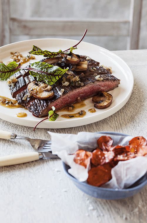 Juicy and tender, this Flank Steak recipe bursts with flavour. Mum will love the silky mushroom and thyme sauce that goes on top. The light and crispy sweet potato chips are a great contrast and make for a perfect afternoon snack too.