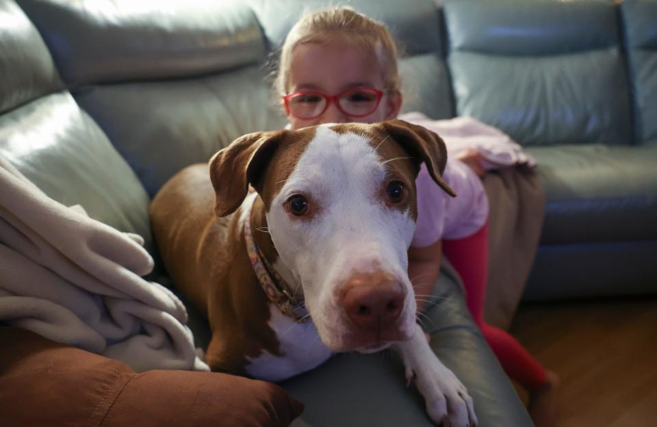Callie, 5, snuggles with her dog Katy at her Port St. Lucie home in March. Everglades Angels Dog Rescue found Katy in a Homestead schoolyard with a collar tied taut around her neck. Banded scars brand Katy's neck and knees.