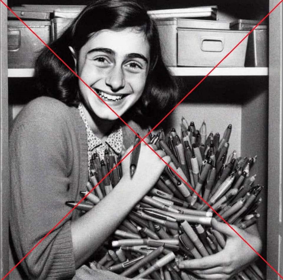 <span>Une image générée par intelligence artificielle imite Anne Frank portant plein de stylos</span>