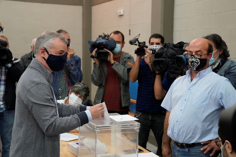 Basque premier Inigo Urkullu votes during the Basque regional elections, amid the coronavirus disease (COVID-19) outbreak, in Durango