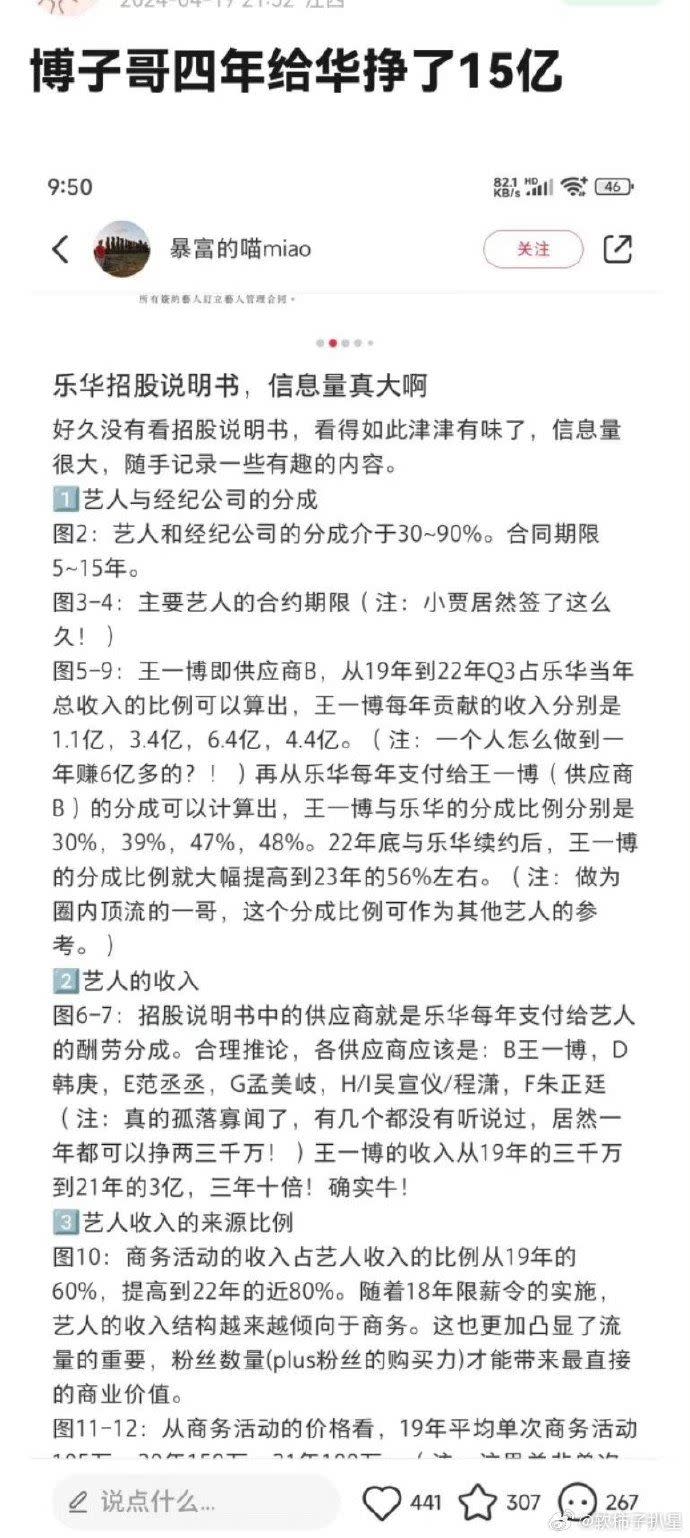 網上流出一份「樂華娛樂」招股說明書，可以看見王一博的收益和商業價值。（圖／翻攝自微博）