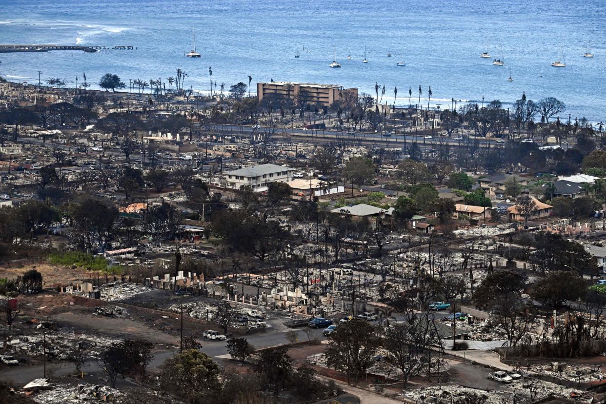 An aerial image taken on August 10, 2023 shows destroyed homes and buildings burned to the ground in Lahaina (AFP via Getty Images)